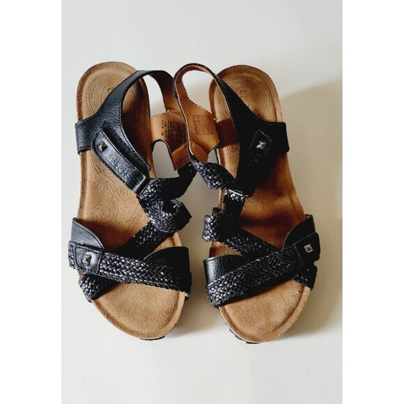 Taos Trulie Black EU 38 US 7.5 Leather Sandals Woven Strappy Wedge 2.5" - Picture 2 of 11